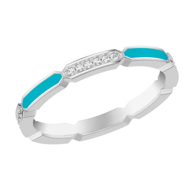 1/10ctw Alternating Diamond and Turquoise Blue Ceramic Station White Gold Wedding Band | Size 5