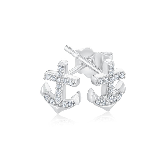 1/10ctw Diamond Anchor Sterling Silver Stud Earrings