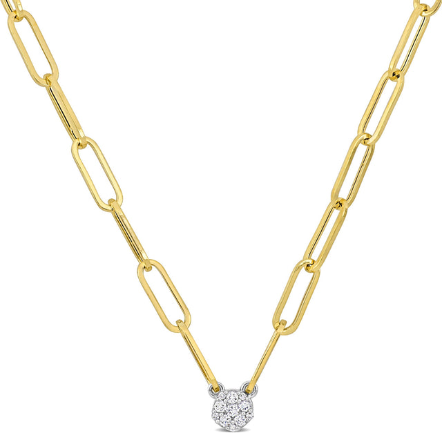 1/10ctw Diamond Cluster Two-Tone Stationary Pendant Paperclip Chain Necklace