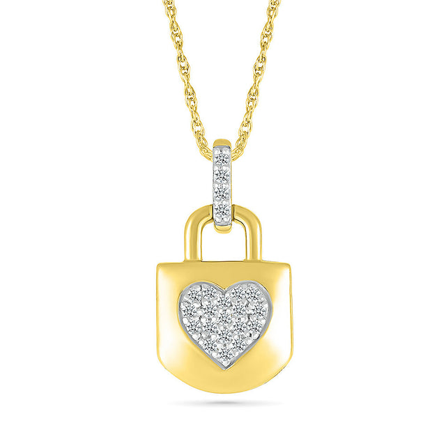 1/10ctw Diamond Heart Lock Yellow Gold Pendant Necklace