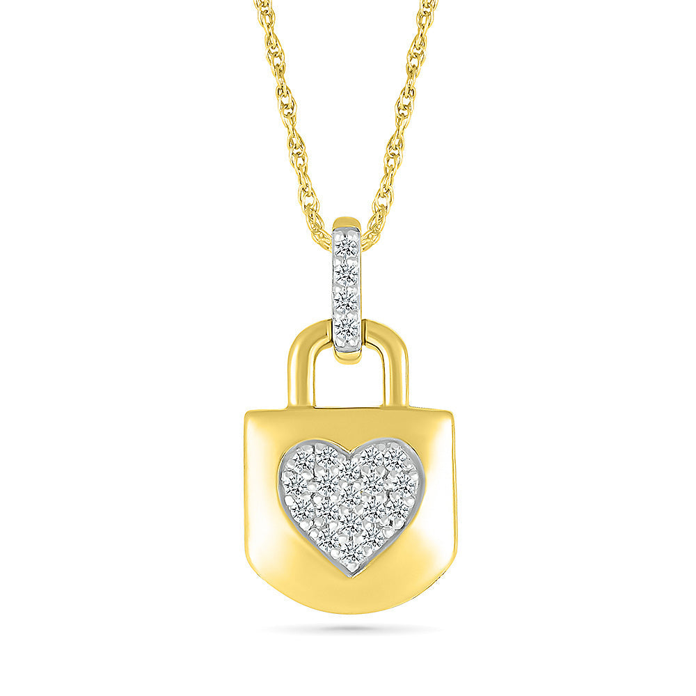 1/10ctw Diamond Heart Lock Yellow Gold Pendant Necklace