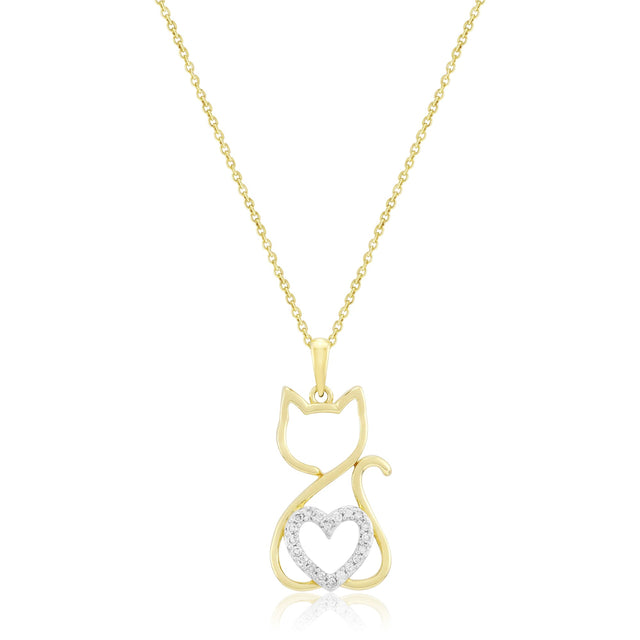 1/10ctw Diamond Heart Yellow Gold Cat Pendant Necklace