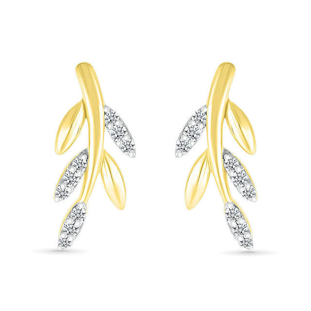 1/10ctw Diamond Leaf Yellow Gold Earrings