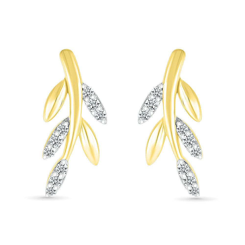 1/10ctw Diamond Leaf Yellow Gold Earrings