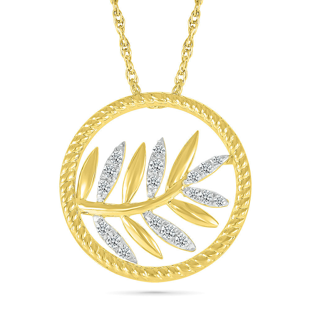 1/10ctw Diamond Leaf and Rope Circle Yellow Gold Pendant Necklace