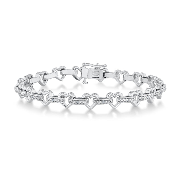 1/10ctw Diamond Sterling Silver Heart and Bar Link Bracelet