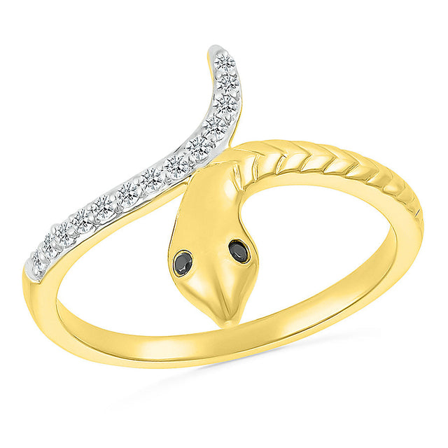 1/10ctw Diamond and Treated Black Diamond Snake Yellow Gold Ring - Size 4.5