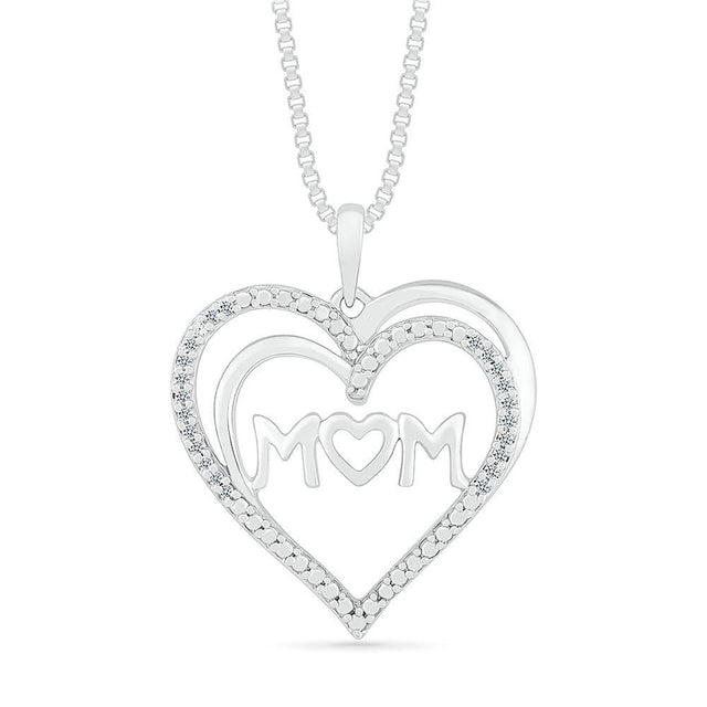 1/15ctw Round Diamond Mom Heart Sterling Silver Pendant Necklace