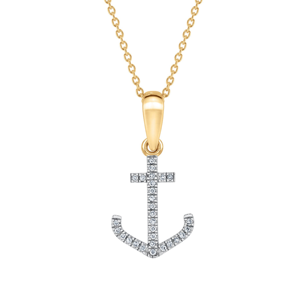 1/20ctw Diamond Anchor Yellow Gold Pendant Necklace