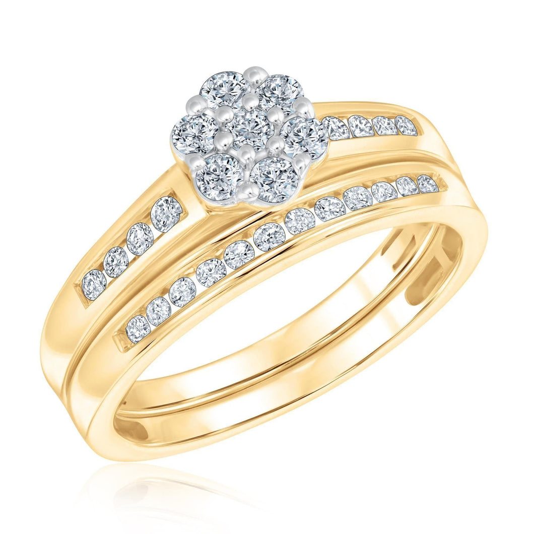 1/2ctw Diamond Flower Composite Yellow Gold Engagement and Wedding Ring Bridal Set | Glow Collection
