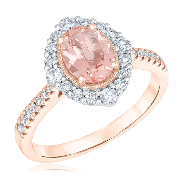 1/2ctw Diamond Halo and Morganite Two-Tone Rose Gold Ring