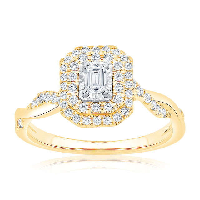 1/2ctw Emerald Diamond Double Halo Yellow Gold Engagement Ring - Glow Collection