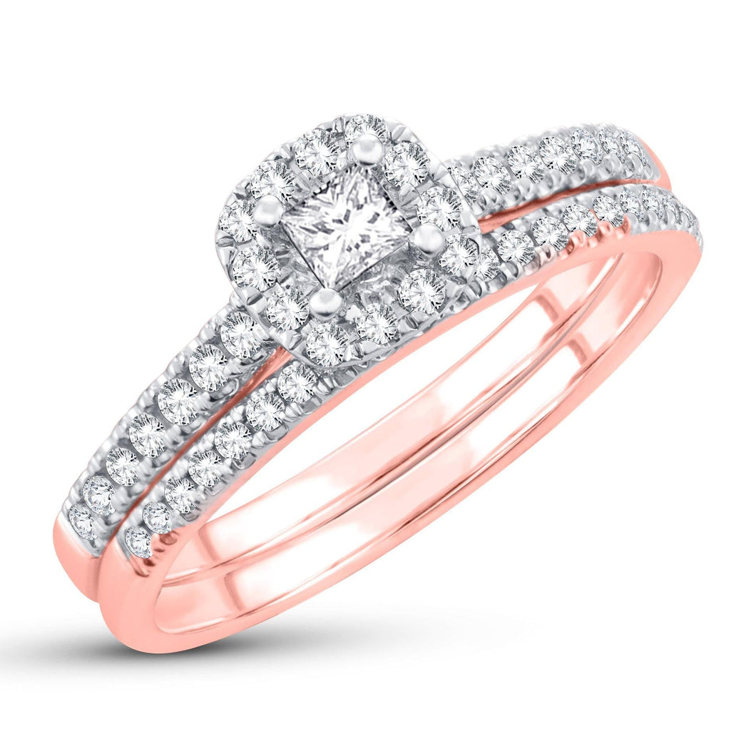 1/2ctw Princess Diamond Rose Gold Halo Engagement and Wedding Ring Bridal Set | Blush Collection - Size 7
