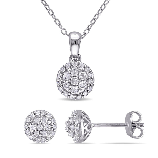 1/2ctw Round Diamond Cluster Sterling Silver Earrings and Pendant Necklace Set