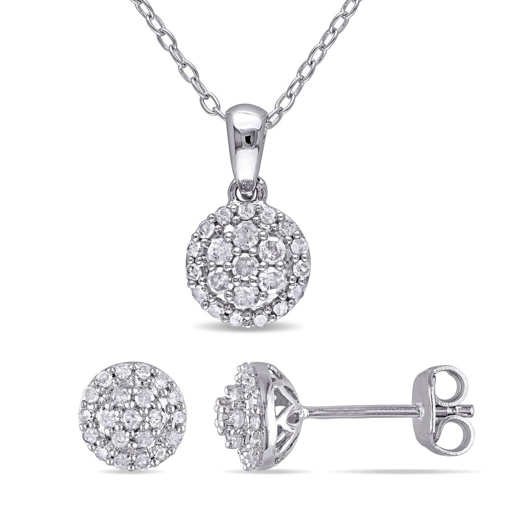 1/2ctw Round Diamond Cluster Sterling Silver Earrings and Pendant Necklace Set