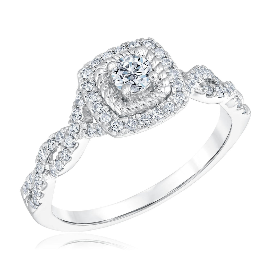1/2ctw Round Diamond Cushion Frame Twist Band White Gold Engagement Ring | Timeless Collection