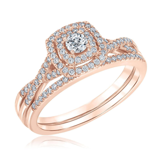 1/2ctw Round Diamond Double Cushion Halo Rose Gold Engagement and Wedding Ring Bridal Set | Glow Collection