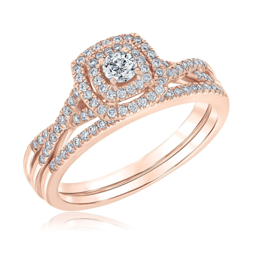 1/2ctw Round Diamond Double Cushion Halo Rose Gold Engagement and Wedding Ring Bridal Set | Glow Collection