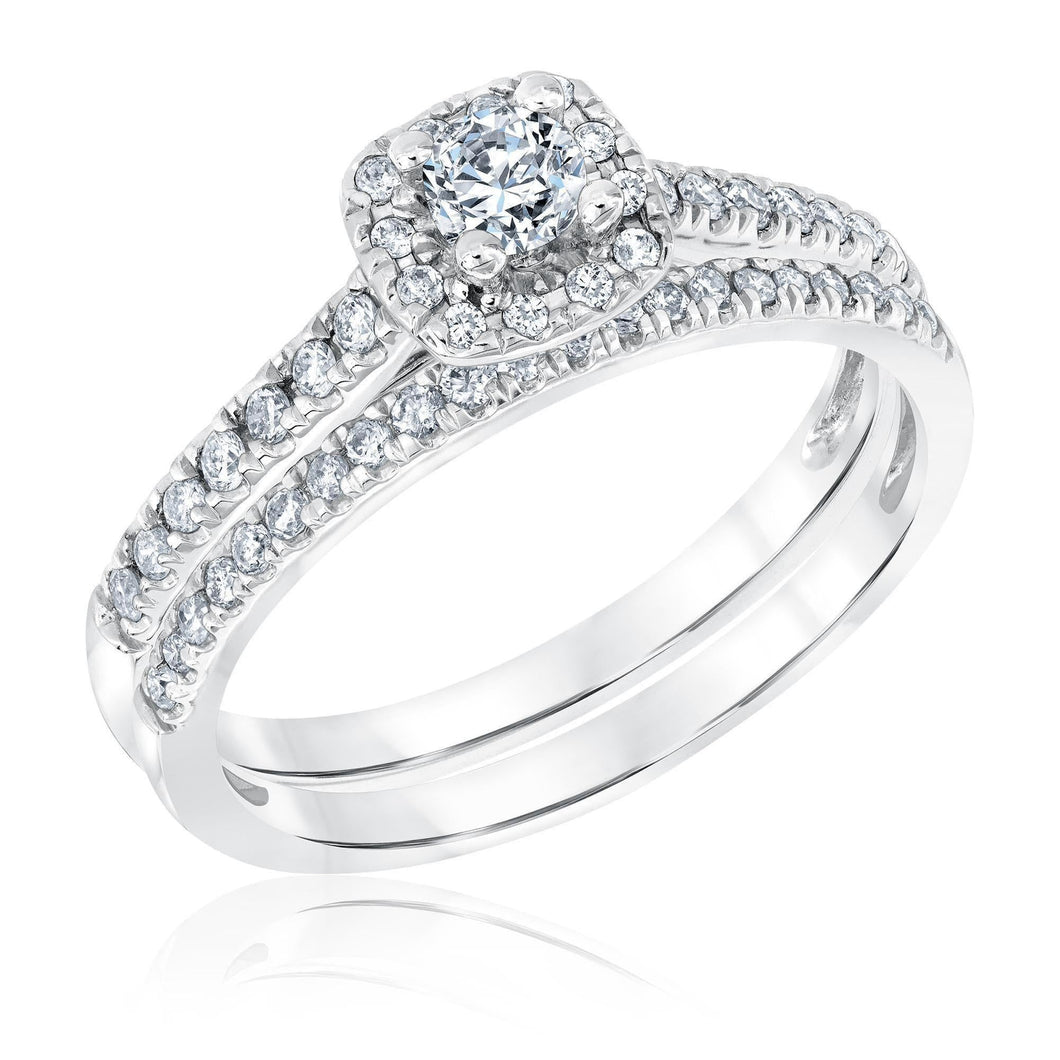 1/2ctw Round Diamond Halo White Gold Engagement and Wedding Ring Bridal Set | Timeless Collection