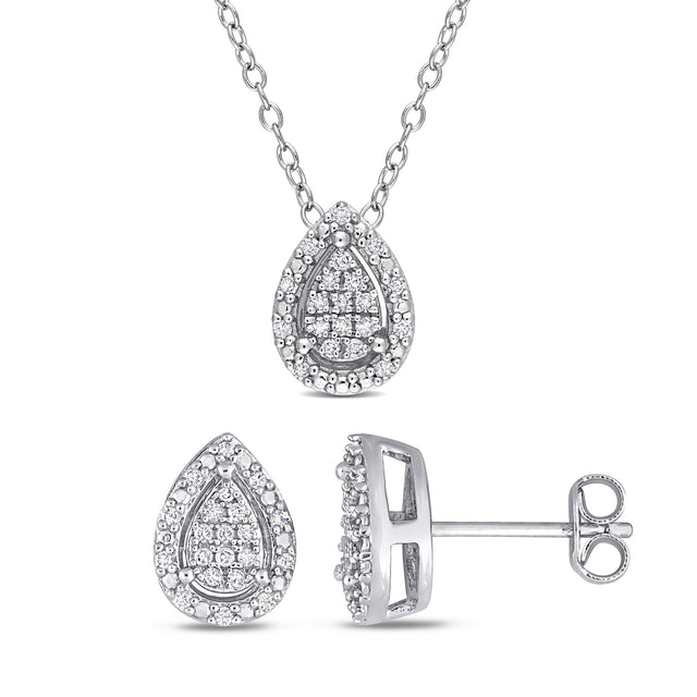 1/3ctw Pear Diamond Cluster Sterling Silver Earrings and Pendant Necklace Set
