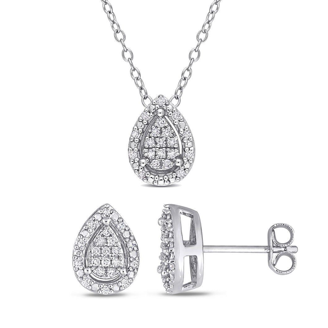 1/3ctw Pear Diamond Cluster Sterling Silver Earrings and Pendant Necklace Set