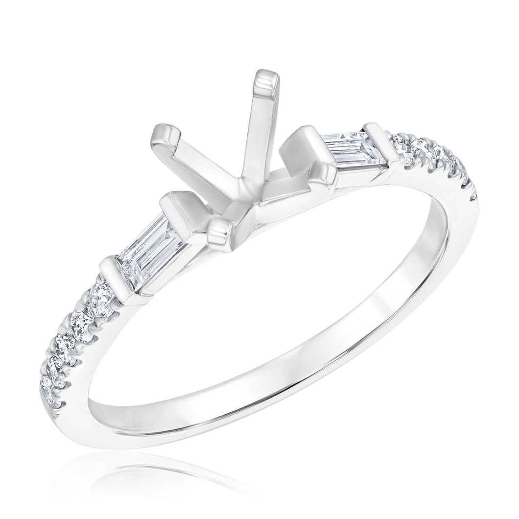 1/3ctw Round and Baguette Diamond White Gold Engagement Ring Setting | Size 5