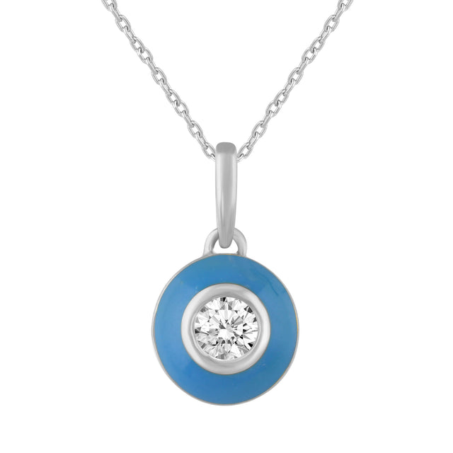 1/4ct Diamond Solitaire and Blue Enamel Sterling Silver Pendant Necklace