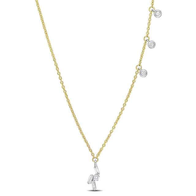 1/4ctw Baguette and Round Diamond Asymmetrical Two-Tone Gold Pendant Necklace