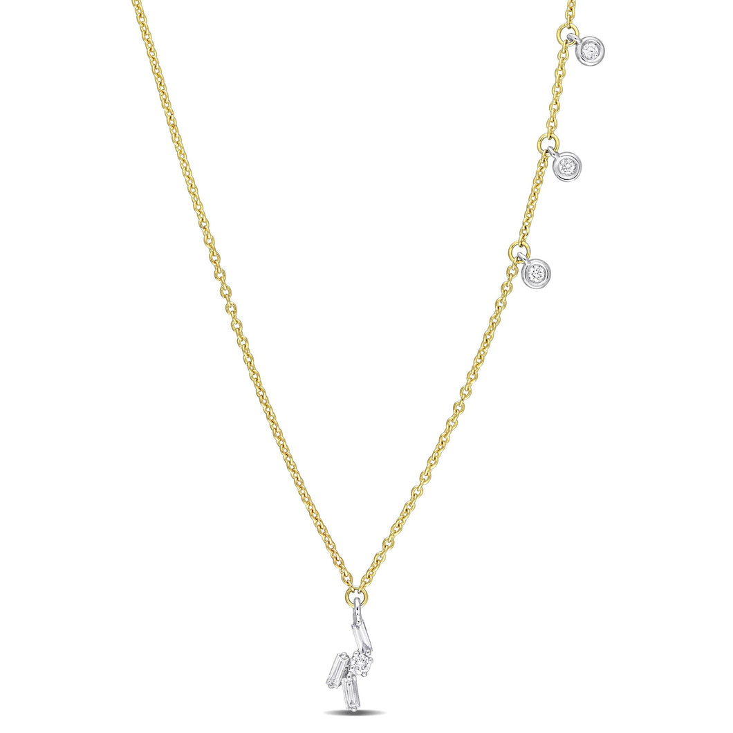 1/4ctw Baguette and Round Diamond Asymmetrical Two-Tone Gold Pendant Necklace