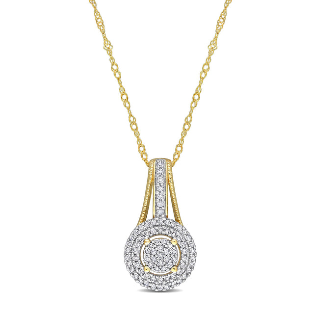 1/4ctw Diamond Round Cluster Yellow Gold Pendant Necklace