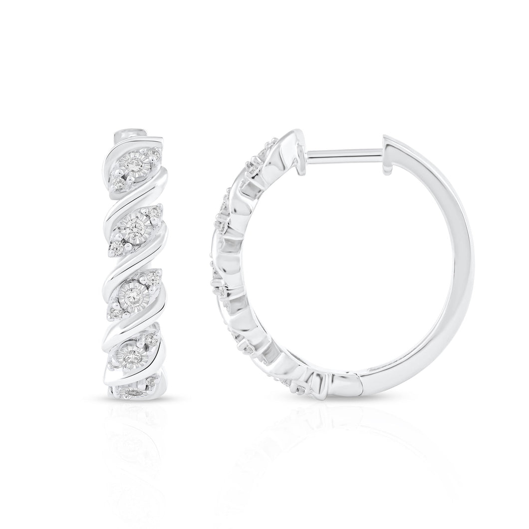 1/4ctw Diamond White Gold Swirl Hoop Earrings