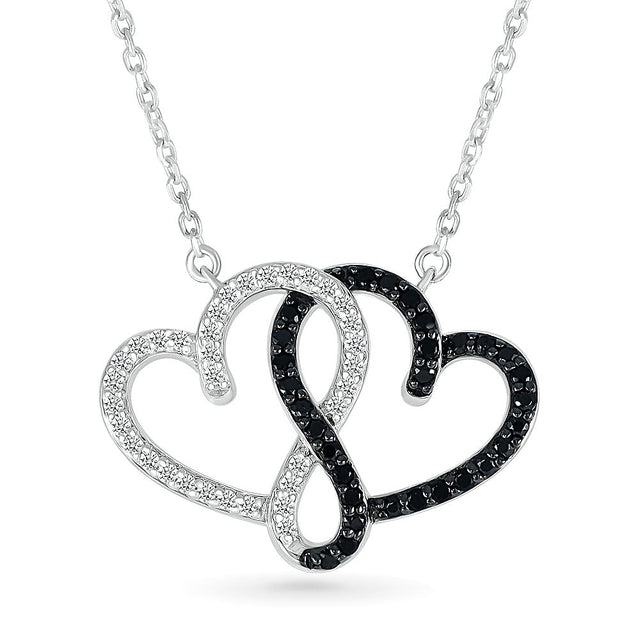 1/4ctw Diamond and Treated Black Diamond Double Heart Sterling Silver Necklace