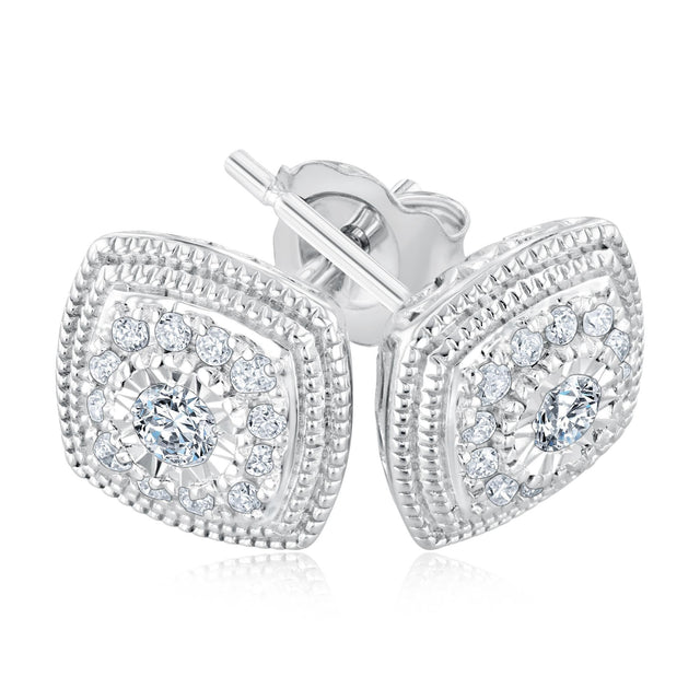 1/4ctw Round Diamond Cluster Cushion Frame Sterling Silver Stud Earrings