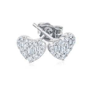 1/4ctw Round and Baguette Diamond Heart White Gold Stud Earrings