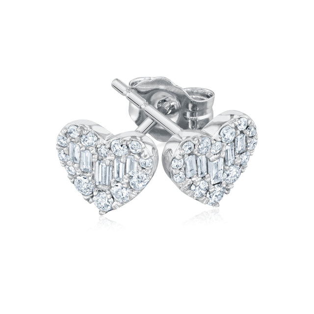 1/4ctw Round and Baguette Diamond Heart White Gold Stud Earrings