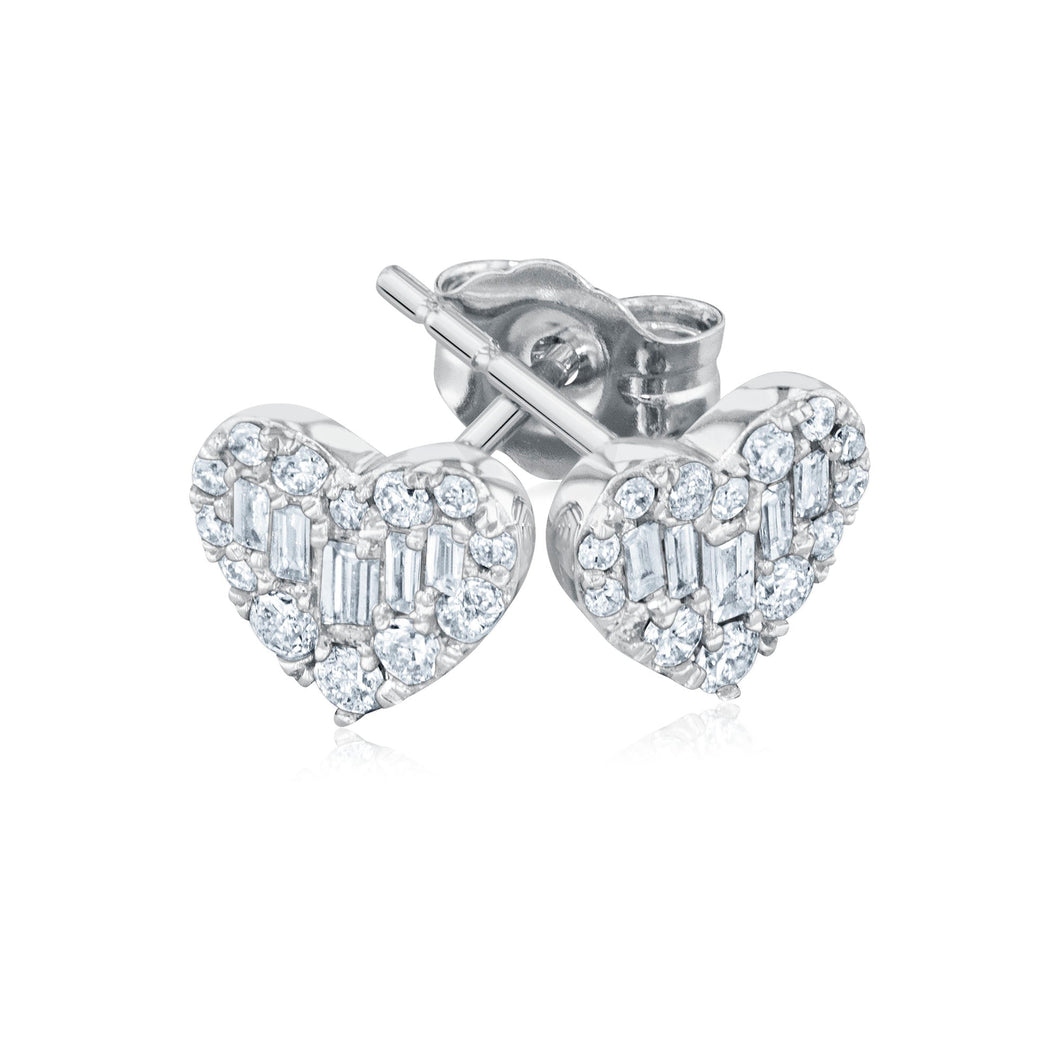 1/4ctw Round and Baguette Diamond Heart White Gold Stud Earrings