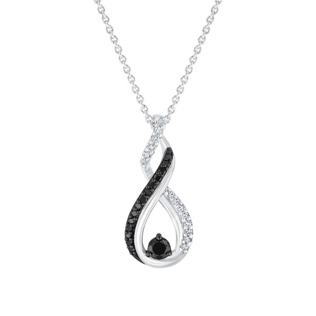 1/4ctw Treated Black Diamond and Diamond Sterling Silver Twist Pendant Necklace