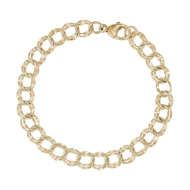 14k Yellow Gold Large Double Link Dapped Curb Classic Charm Bracelet - 7 Inches