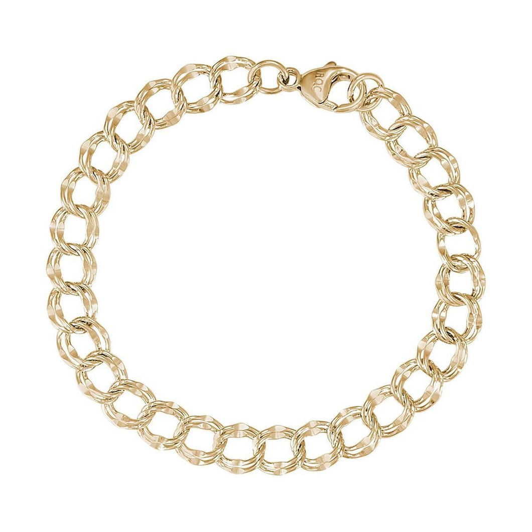 14k Yellow Gold Large Double Link Dapped Curb Classic Charm Bracelet - 7 Inches