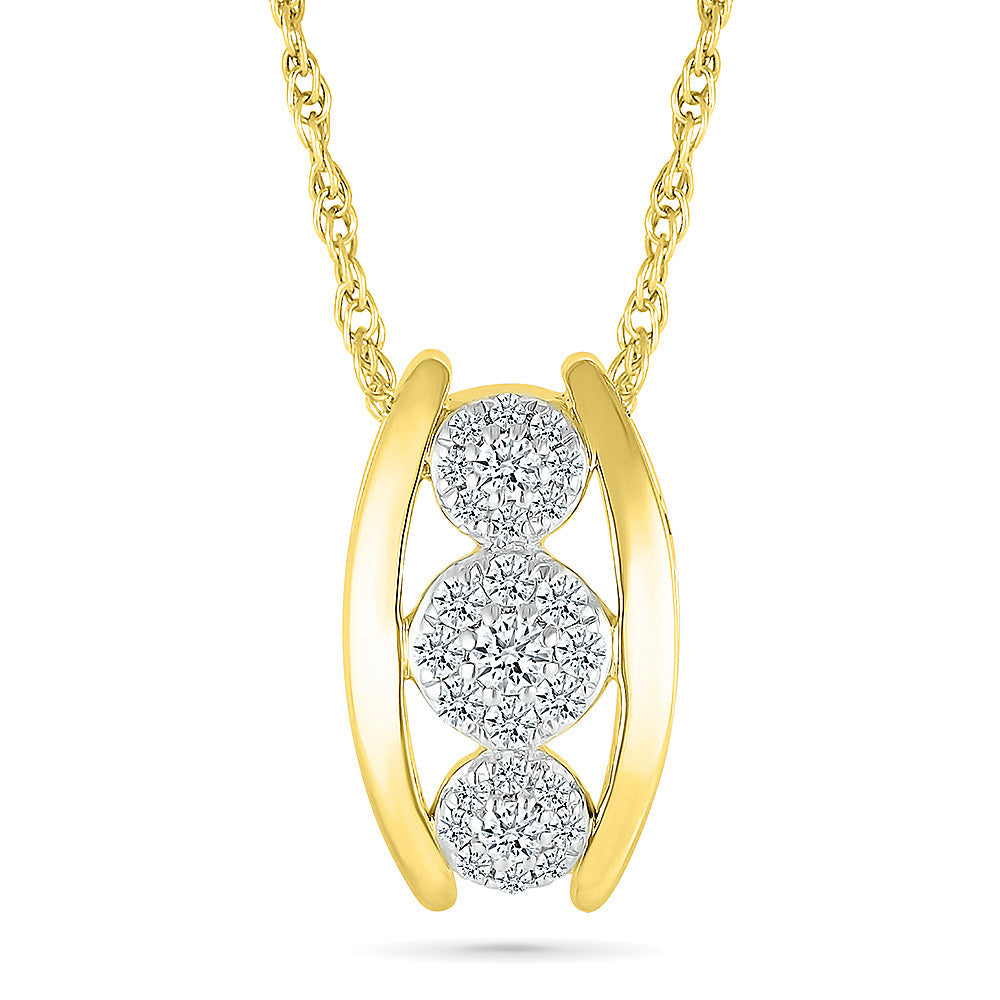 1/5ctw Diamond Cluster Three-Stone Yellow Gold Pendant Necklace