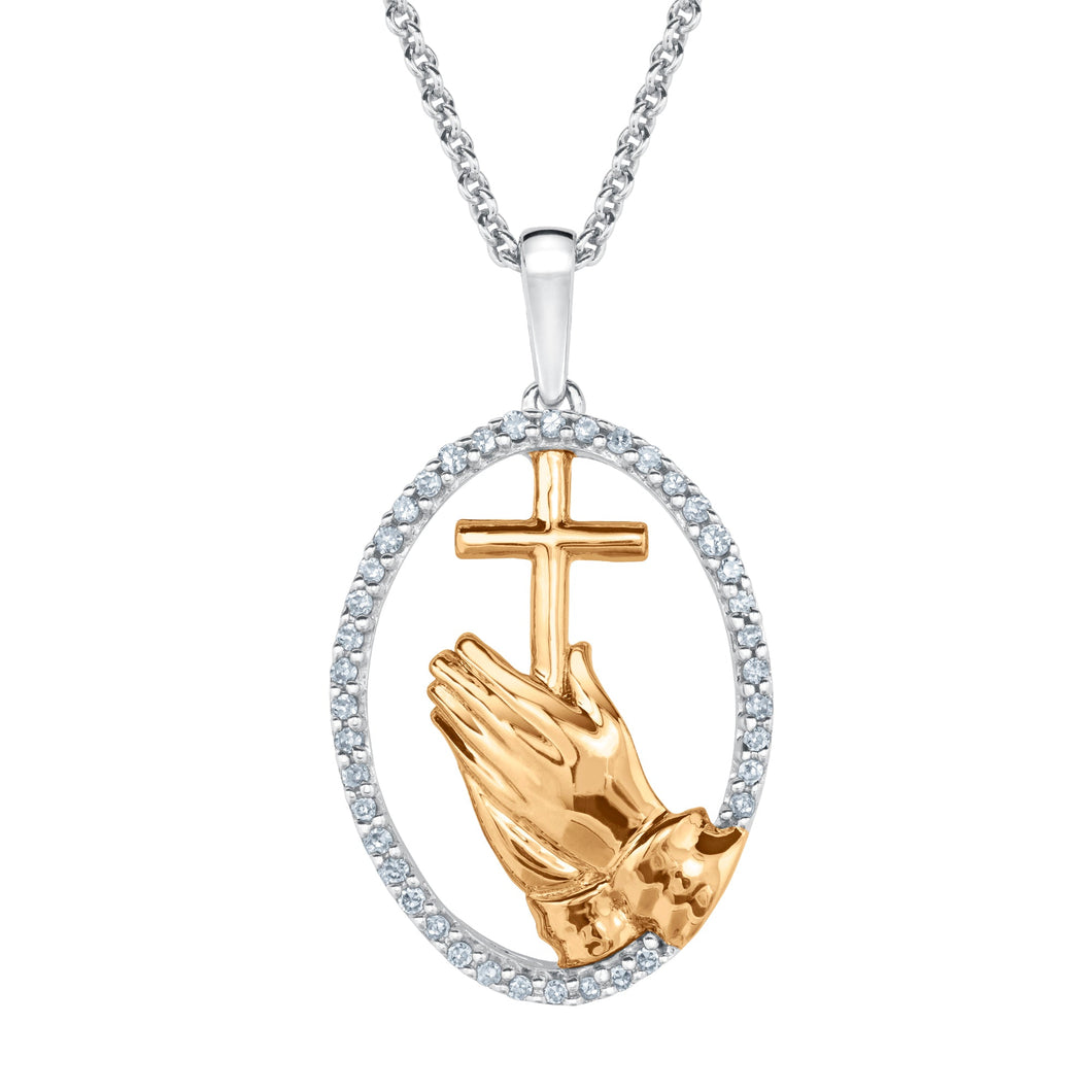 1/5ctw Diamond Cross and Praying Hands Two-Tone Pendant Necklace