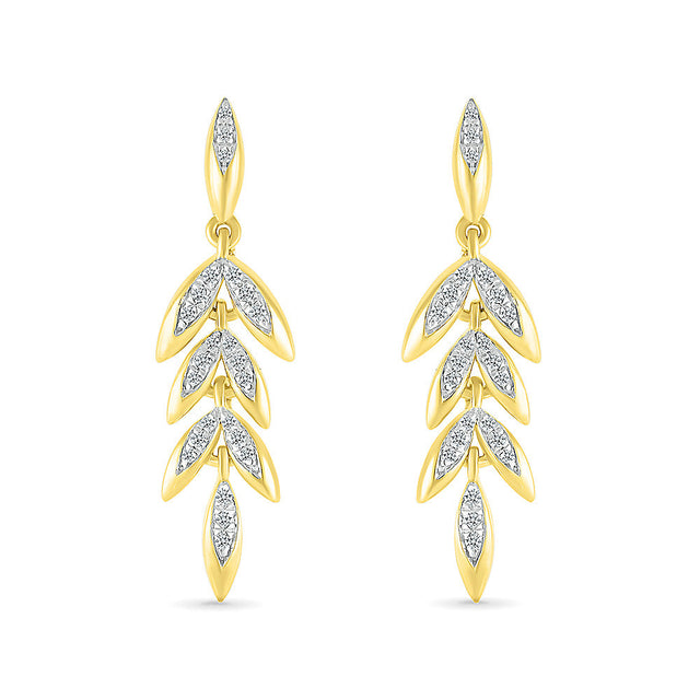 1/5ctw Diamond Leaf Yellow Gold Drop Earrings