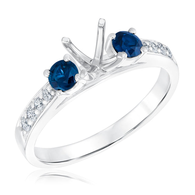 1/5ctw Diamond and Blue Sapphire Three-Stone White Gold Engagement Ring Setting - Size 5