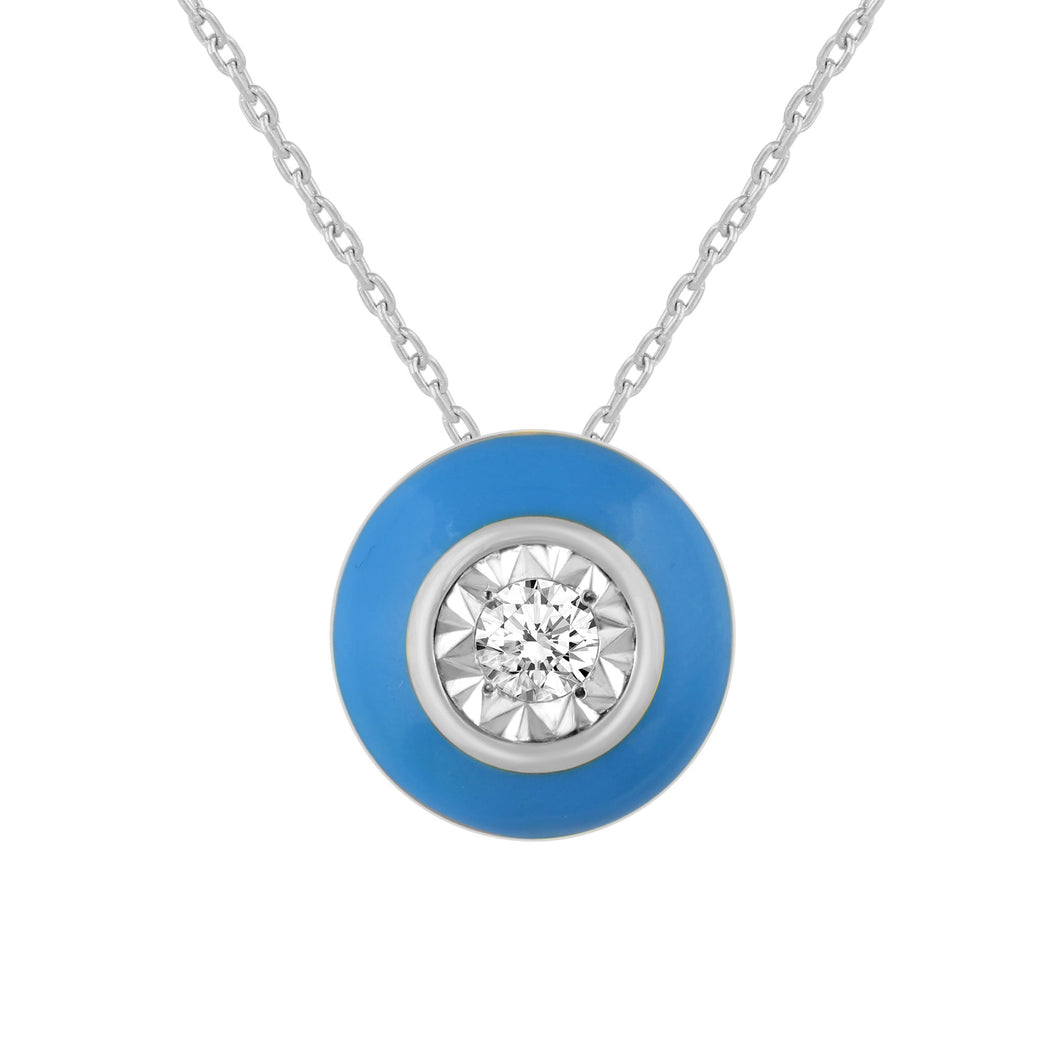 1/6ct Diamond Solitaire and Blue Enamel Sterling Silver Pendant Necklace