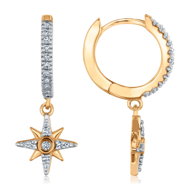 1/6ctw Diamond Yellow Gold Tetra Star Hoop Drop Earrings