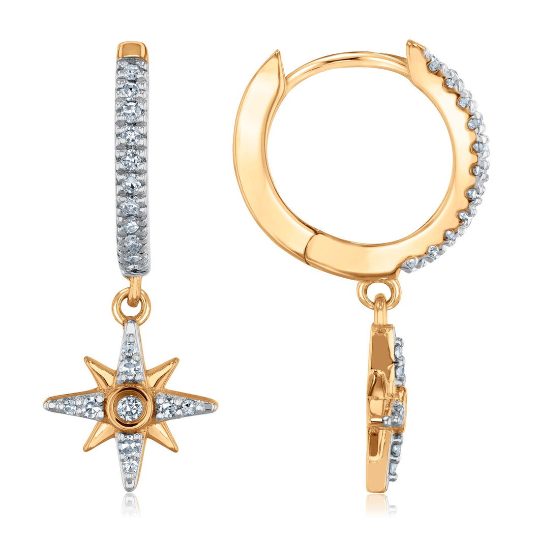 1/6ctw Diamond Yellow Gold Tetra Star Hoop Drop Earrings