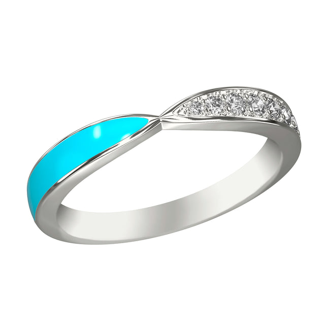 1/6ctw Diamond and Turquoise Blue Ceramic White Gold Pinched Wedding Band | Size 8.5
