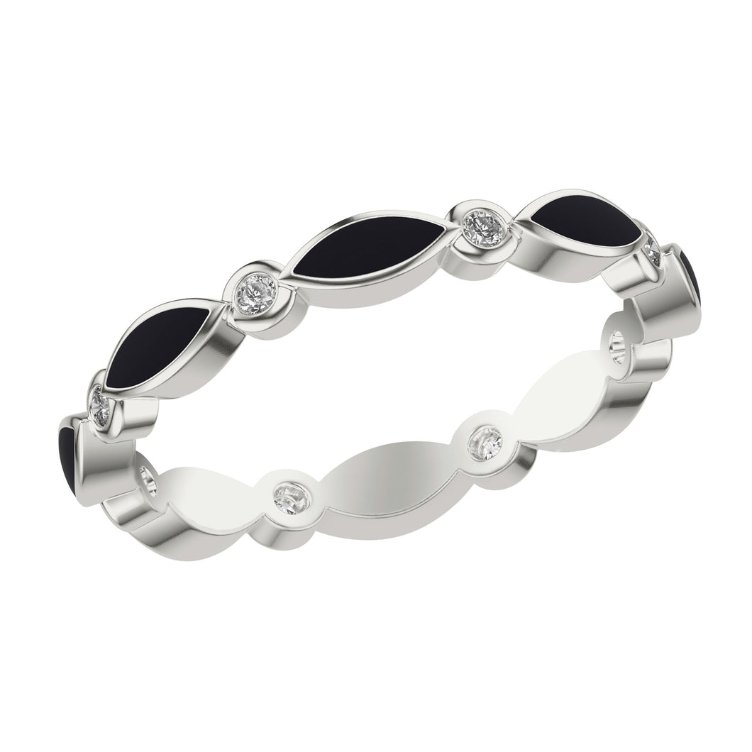 1/8ctw Alternating Diamond and Black Ceramic White Gold Wedding Band | Size 5