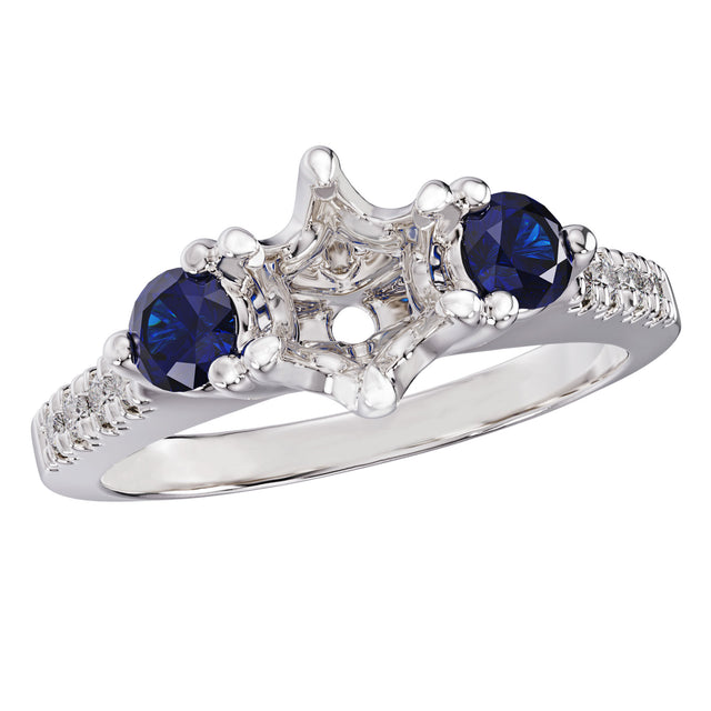 1/10ctw Diamond and Blue Sapphire Three-Stone White Gold Engagement Ring Setting - Size 5.5