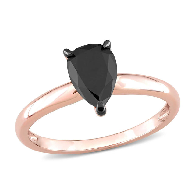 1ct Pear Treated Black Diamond Rose Gold Solitaire Engagement Ring - Size 5